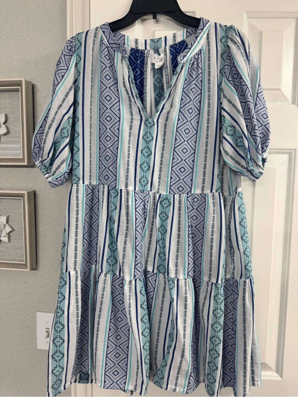 Blue, Turquoise & White Striped Tiered Peasant Dress